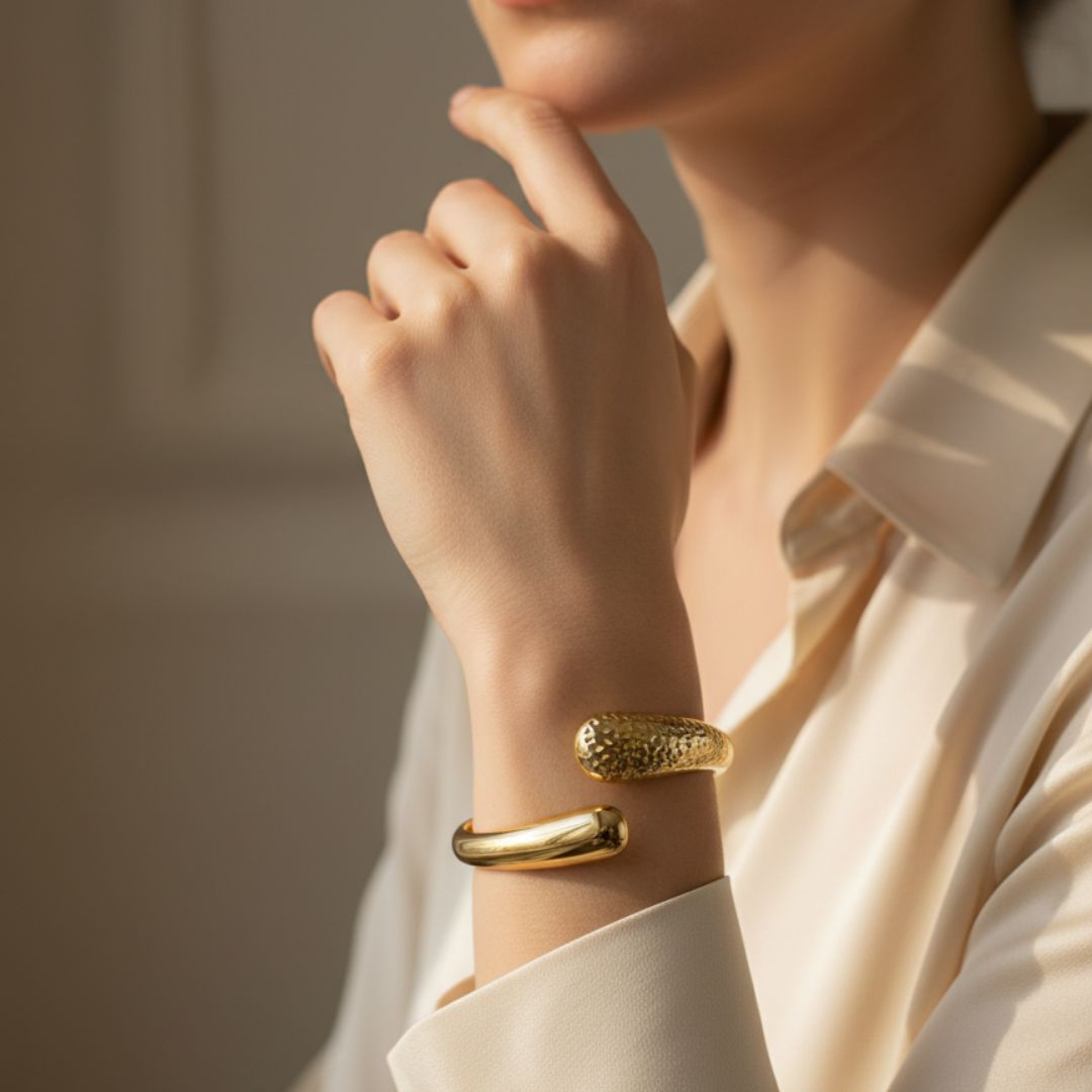 Sculptural Dual-Texture Open Cuff Bracelet